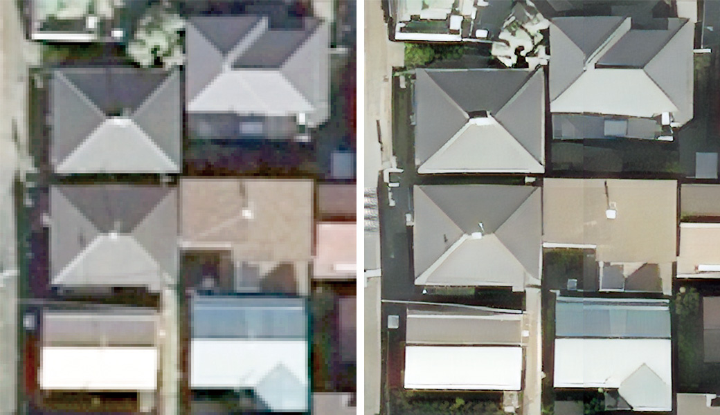 写真：AIを用いた航空写真の超解像技術（左：元画像、右：超解像後）